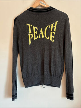 LISA TODD Gray Knit Teach Peace Cardigan Womens Size Small Modern Whimsical